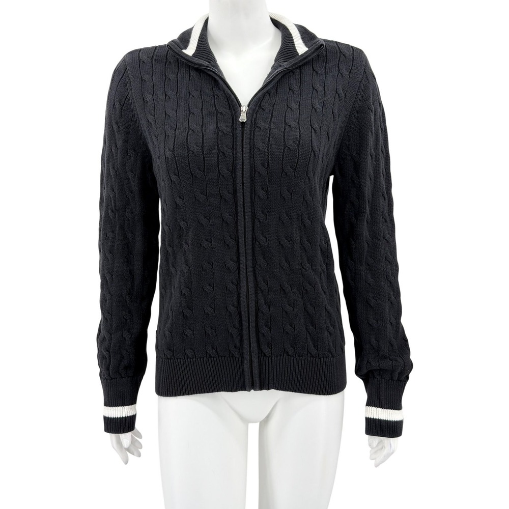 Lauren Ralph Lauren Sweater Womens Large Black Cable Knit Zip Preppy Old Money